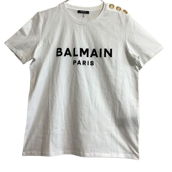 Balmain Paris Essential White Cotton Flocked Logo Button Detail Tee Shirt Large - Picture 2 of 13